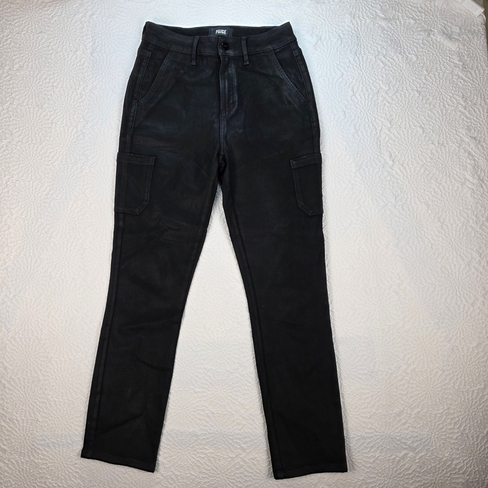 Paige Hoxton High Rise Skinny Cargo Jeans Black Coated Pants Size 27